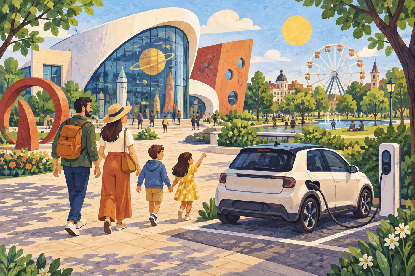 Illustrated family walking towards a science museum, beside an electric car charging in a parking bay